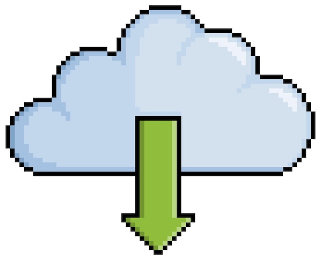 Pixel art cloud-download, wolke mit download-pfeilvektorsymbol für 8-bit-spiel auf weißem hintergrund