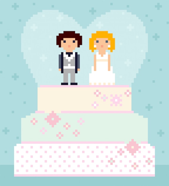 Pixel art hochzeitstorte mit paar an der spitze. nette charaktere, braut und bräutigam. herz auf hintergrund. 8-bit-abbildung.