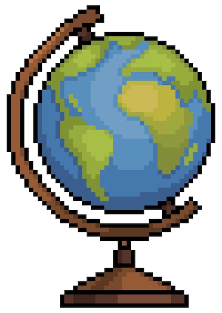 Pixel art school earth globe-element für 8-bit-spiel auf weißem hintergrund