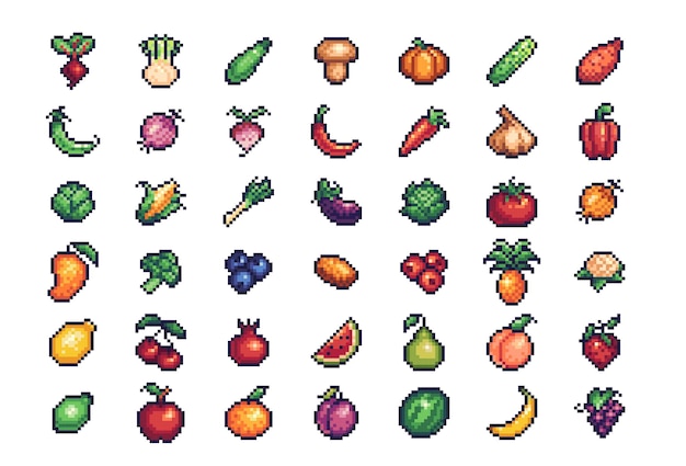 Vektor pixel-art-set für gemüse und obst verschiedene gartenpflanzen-sammlung 8-bit-sprite