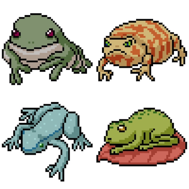 Pixel Art Set isoliert Amphibienfrosch