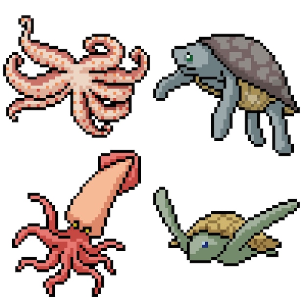 Pixel art set isoliert tintenfisch schildkröte