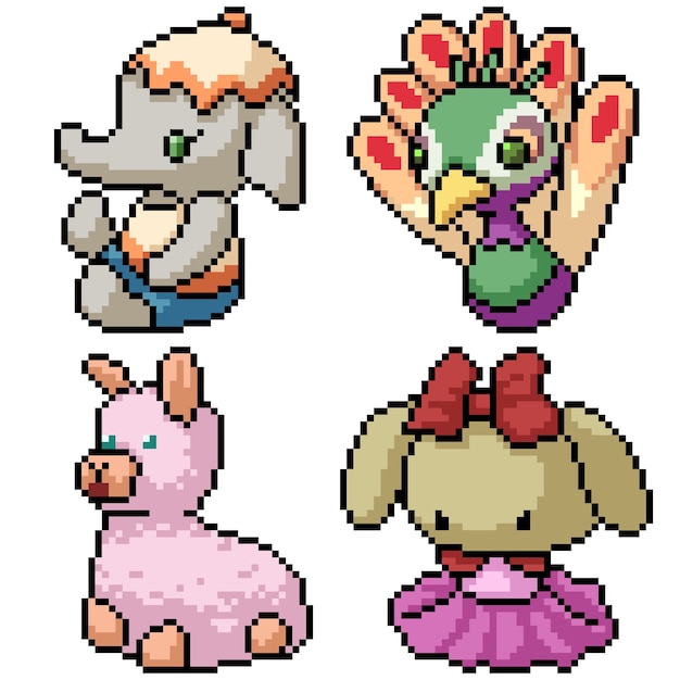 Pixel art set isolierte kinderpuppe