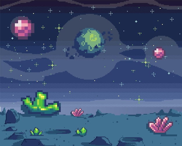 Vektor pixel-art-spielort im kosmischen bereich szene mit fantastischen planeten im weltraum futuristische raumschiffe während des krieges im weltraum pixel-retro-programm über weltraumschnittstelle pixelierter designvektor