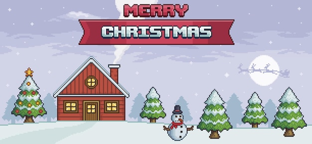 Pixel art weihnachtslandschaft mit haus weihnachtsbaum schneemann weihnachtsmann 8 bit hintergrund