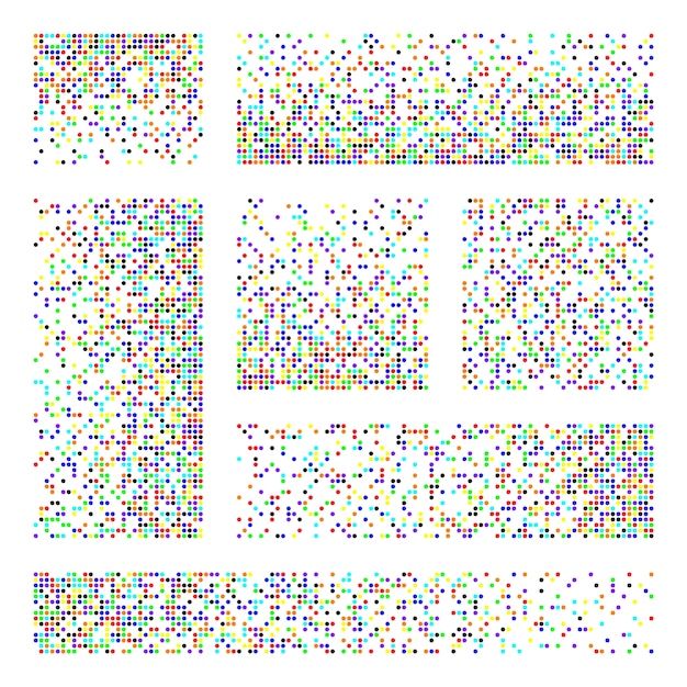 Pixel-Desintegration-Verfallseffekt verschiedene rechteckige Elemente aus runden Formen, verstreut mit Punkten