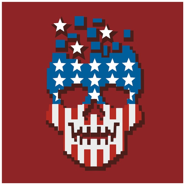 Vektor pixel-schädel mit amerikanischer flagge