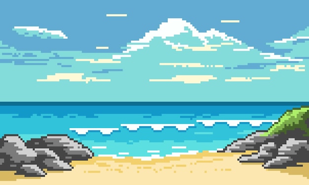 Pixel tropischer strand mit wellenhintergrund