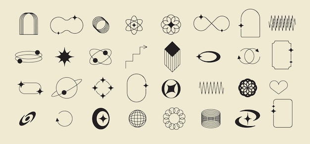 Pixel und geometrische Linienelemente setzen Y2k trendige Aufkleber Stimmung der 90er Jahre Ästhetik 8bit Retro-Stil