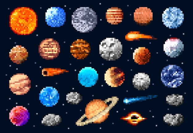 Pixel-weltraumplaneten und sterne, asteroiden oder kometen
