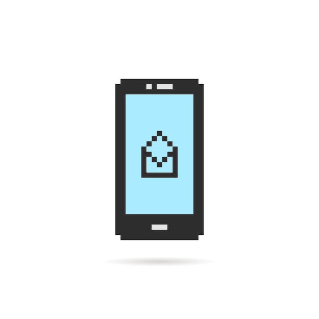 Pixelart-smartphone mit offenem brief. konzept von mms, ungewöhnliche marke, post, handy-anwendung, gerät, touchscreen, porto. flacher pixelart-stil trend modernes logo-grafikdesign auf weißem hintergrund