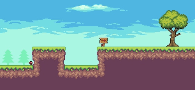 Pixelkunst-Arcade-Spielszene mit Bäumen, Holzbrett und Wolken 8-Bit-Vektorhintergrund