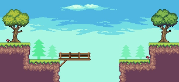 Pixelkunst-Arcade-Spielszene mit Baum, Brücke, Holzbrett und Wolken 8-Bit-Vektorhintergrund