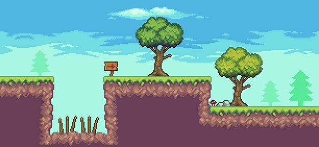 Pixelkunst-Arcade-Spielszene mit Baum, Falle, Brett und Wolken 8-Bit-Vektorhintergrund