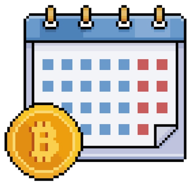 Pixelkunst-bitcoin-kalender krypto-investitionszeit-vektorsymbol für 8-bit-spiel auf weißem hintergrund