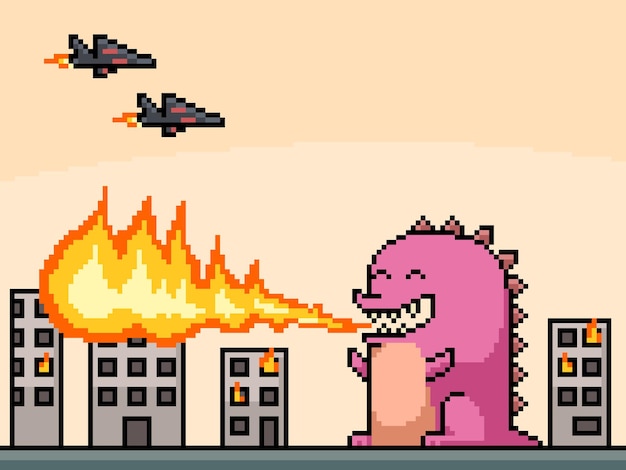 Pixelkunst der monster brennenden stadt