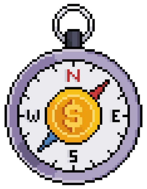 Pixelkunst-Investitionsrichtungskompass mit Münzvektorsymbol für 8-Bit-Spiel auf weißem Hintergrund