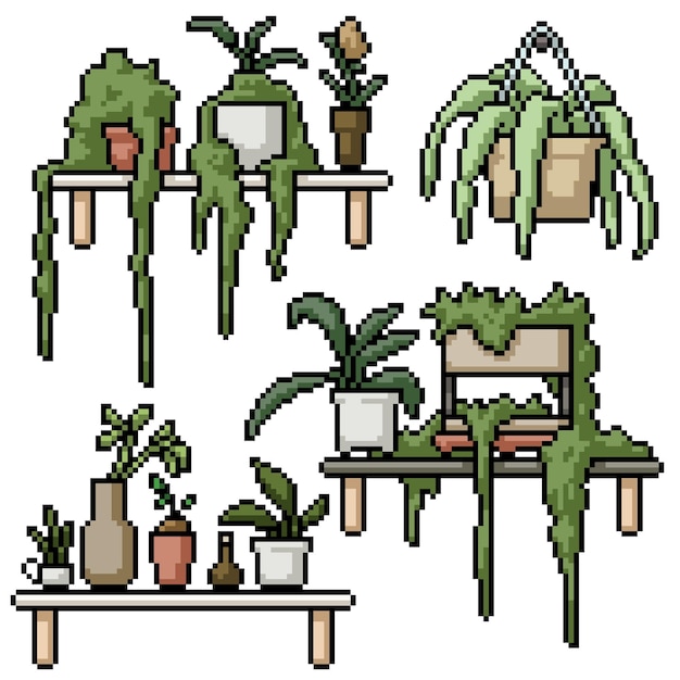 Pixelkunstsatz der isolierten Pflanzenregaldekoration