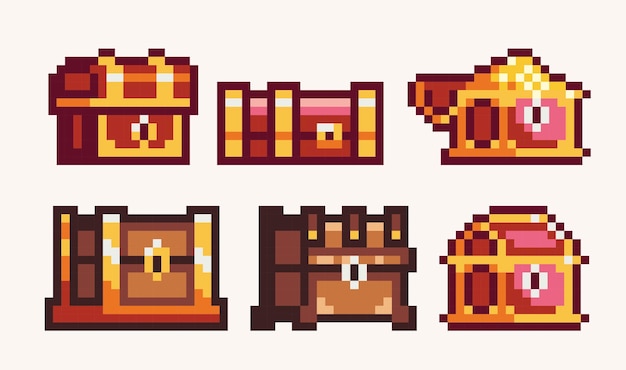 Pixelkunstset aus Holz und goldener Truhe Schatzkistensammlung 8-Bit-Sprite