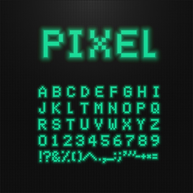 Pixelschriftart, -buchstaben, -zahlen und -zeichen auf alter Computer geführter Anzeige.