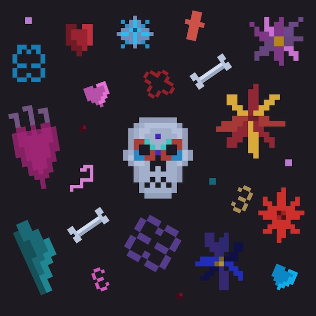 Pixelset aus hellen Blumenelementen und Totenkopf