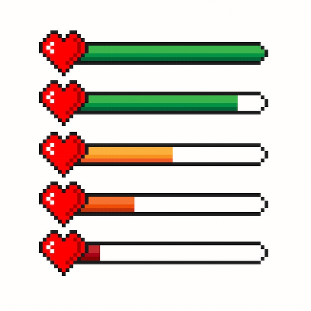 Pixelspiel-lebensleiste lokalisiert auf weißem hintergrund. gesundheit herz bar. gaming controller, symbole gesetzt.