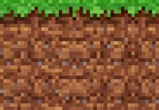 Pixelspielvektorhintergrund mit kubischem Blockpixelgras und Bodenmuster. Naturlandschaftsszene mit grüner Graswiese, braunem Boden und Felsenmosaik, 8-Bit-Arcade-Spiellevel