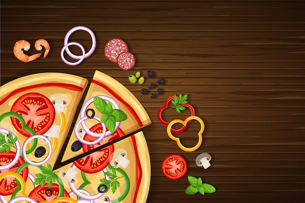 Pizza auf dem Holzhintergrund mit den Zutaten für die Pizzapfeffer-Oliventomate usw