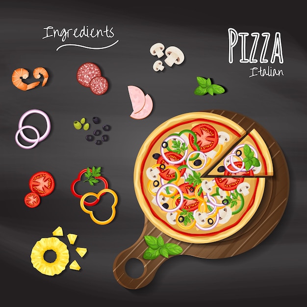 Pizza auf dem tafelhintergrund mit den zutaten für die pizzapfeffer-oliventomate usw
