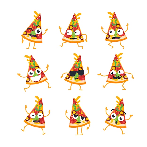 Vektor pizza-cartoon-charakter - moderner vektorschablonensatz von maskottchenillustrationen. geschenkbilder eines pizzastücks tanzen, lächeln, sich amüsieren. emoticons, glück, coolness, überraschung, emotionen