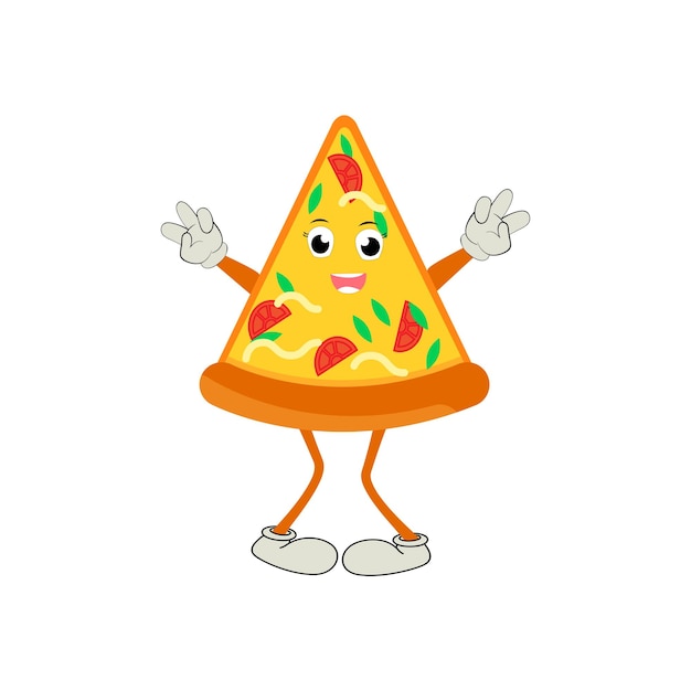 Vektor pizza-cartoon-figur, moderne vektorvorlage mit maskottchen-illustrationen, lebensmittelobjekt-symbol