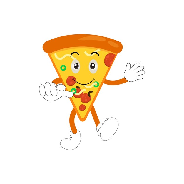 Vektor pizza-cartoon-figur, moderne vektorvorlage mit maskottchen-illustrationen, lebensmittelobjekt-symbol