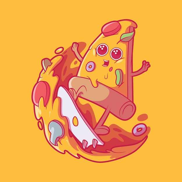 Pizza-charakter, der auf einem brett surft, vektorgrafik food funny brand design concept