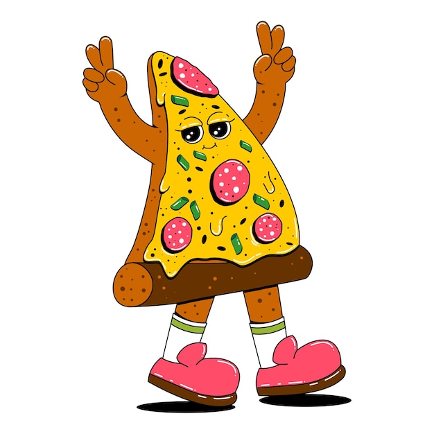 Vektor pizza-figur im retro-cartoon-stil ein stück pizza mit einem lustigen gesichtsausdruck