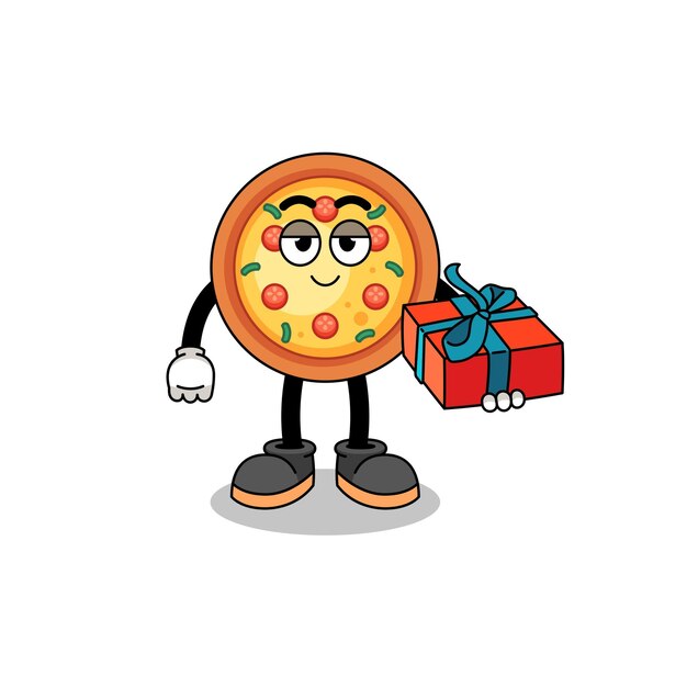 Vektor pizza-maskottchen-illustration, die ein geschenk gibt