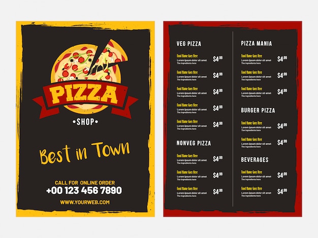 Pizza menu card design mit vorder- und rückseitenansicht