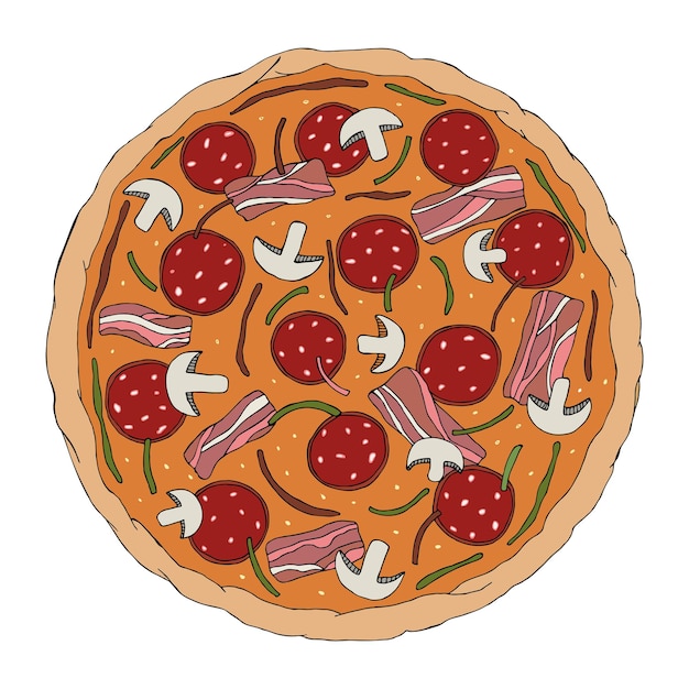 Pizza mit Schinkenwurstkäse und Pilzen Vektorillustration von frischem Gebäck für die Menügestaltung