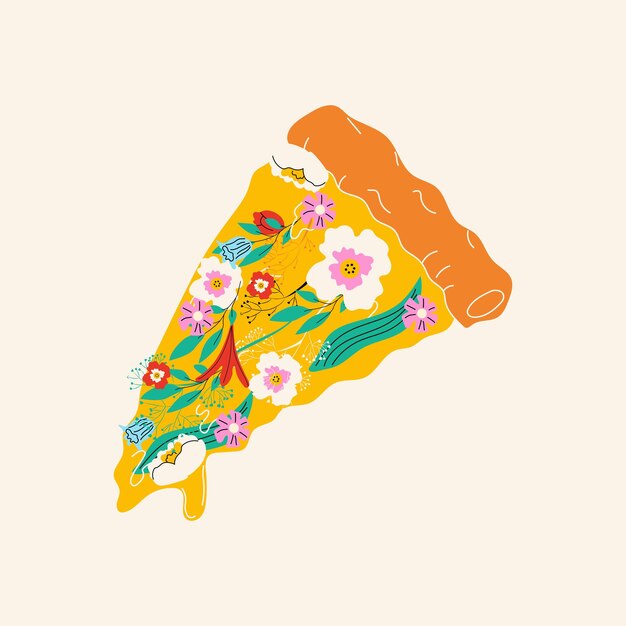 Pizza mit verschiedenen blumen. frühlingspizza. handgezeichnete vektorillustration.