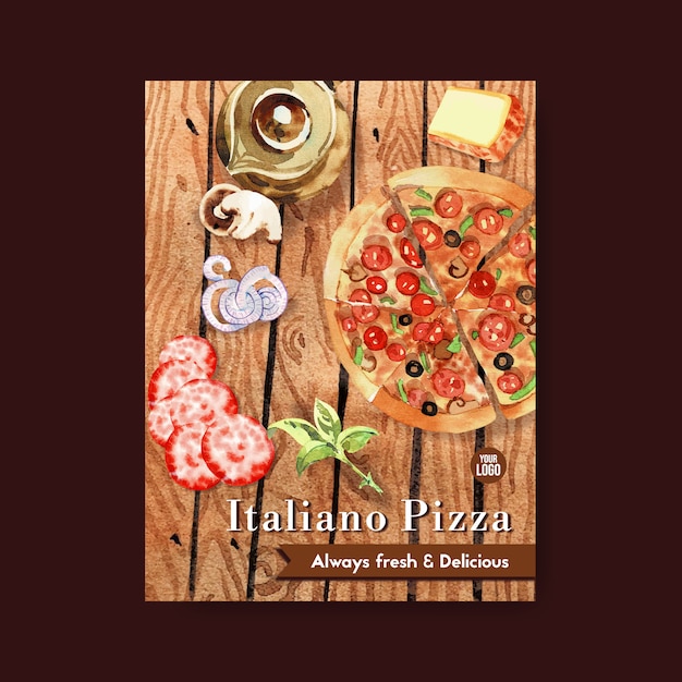 Pizza Poster Design mit Pizza, Teekanne Aquarell Illustration.