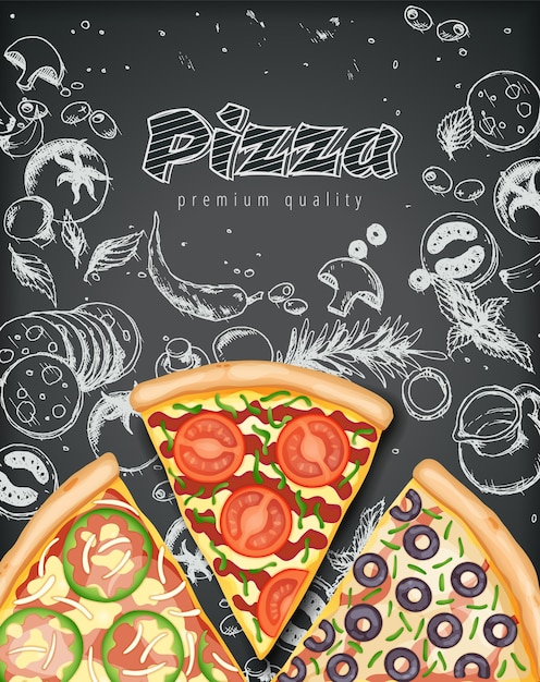 Vektor pizza poster. herzhafte pizza-anzeigen mit 3d-illustrationsbelägen auf art-kreide-gekritzel.