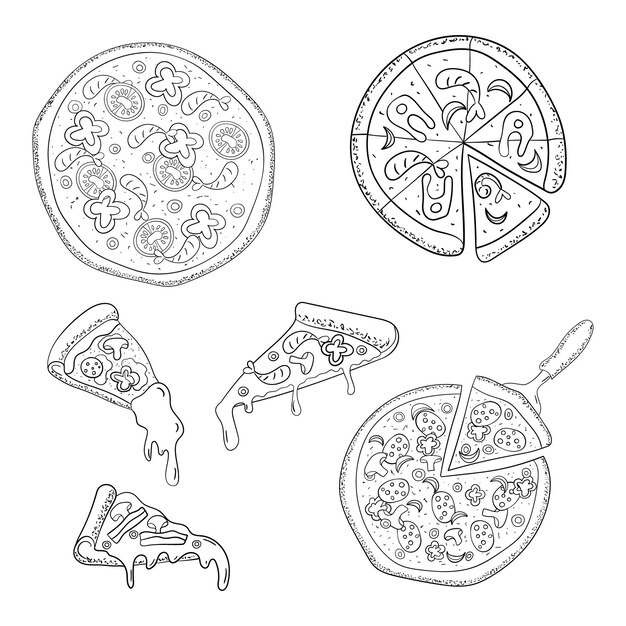 Vektor pizza-set-linie kunst-vektor-illustration auf weißem hintergrund
