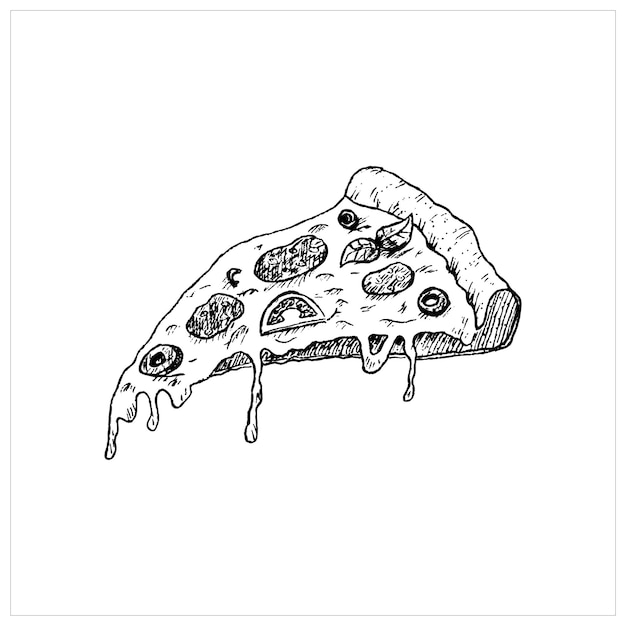 Pizza-Skizze. Handzeichnung Stück Pizza, schwarze Vektorgrafik auf weiß.