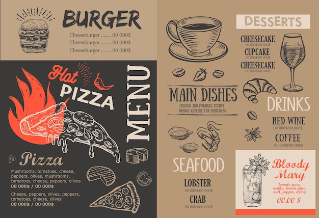 Pizza-Speisekarte, Restaurant, Café, Vorlagendesign. Handgezeichnete Illustrationen, Food-Flyer.