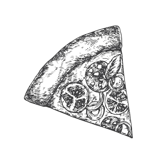 Pizza-stück handgezeichneter sketch pepperoni salami lebensmittel-vektor-illustration italienische küche doodle