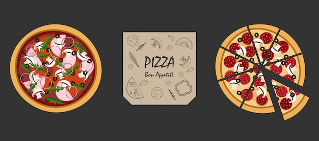 Pizza und kasten getrennt auf schwarzem. italienische speisekarte. illustration.