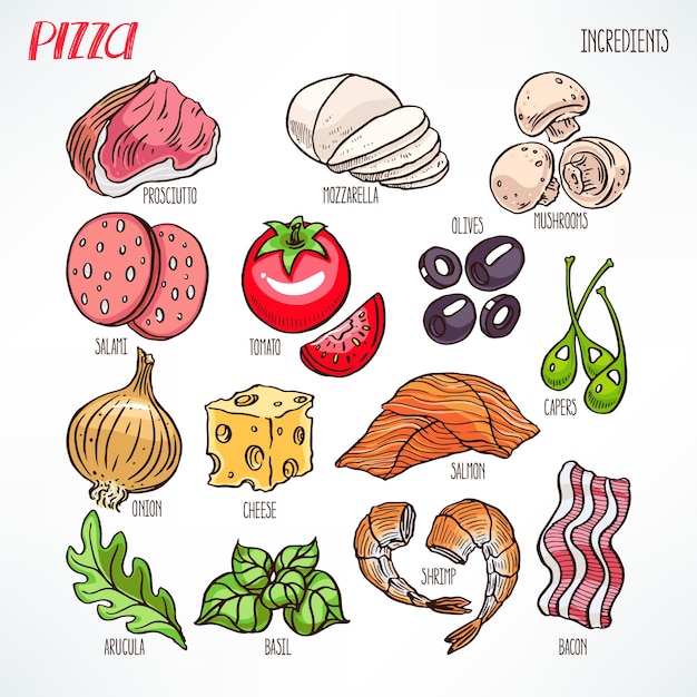 Vektor pizza-zutaten. speck, gemüse, käse, tomaten. handgezeichnete illustration