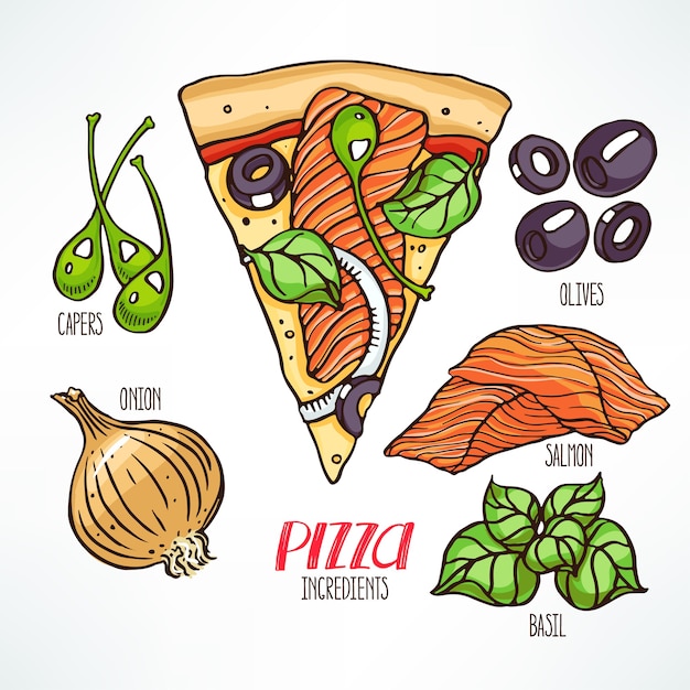 Vektor pizza zutaten. stück pizza mit lachs. handgezeichnete illustration