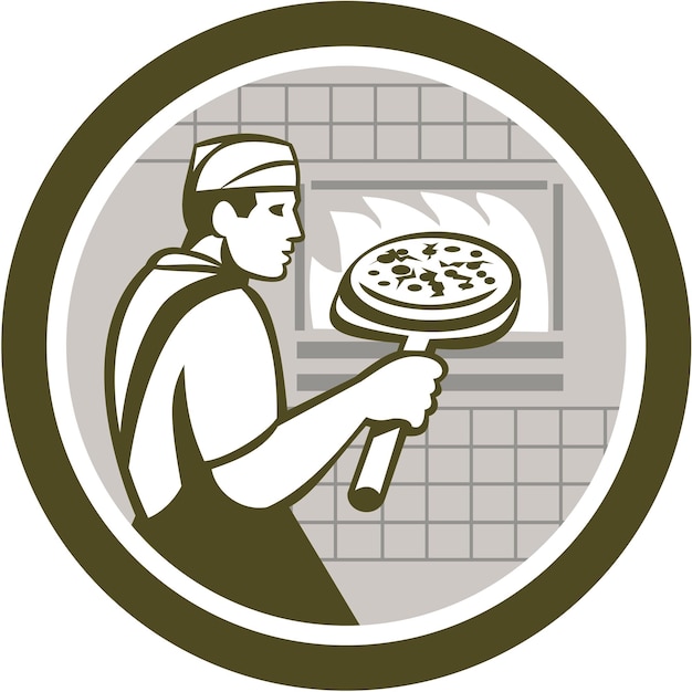 Vektor pizzabäcker mit peel side retro-kreis