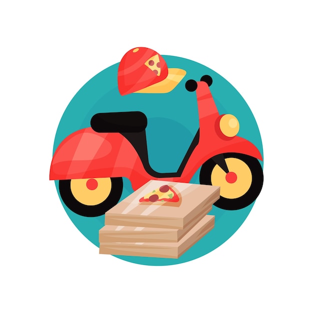 Pizzakurierberufsikone, motobike, Kappe und Pizzaschachtelkarikaturvektorillustration lokalisiert auf einem weißen backgroun