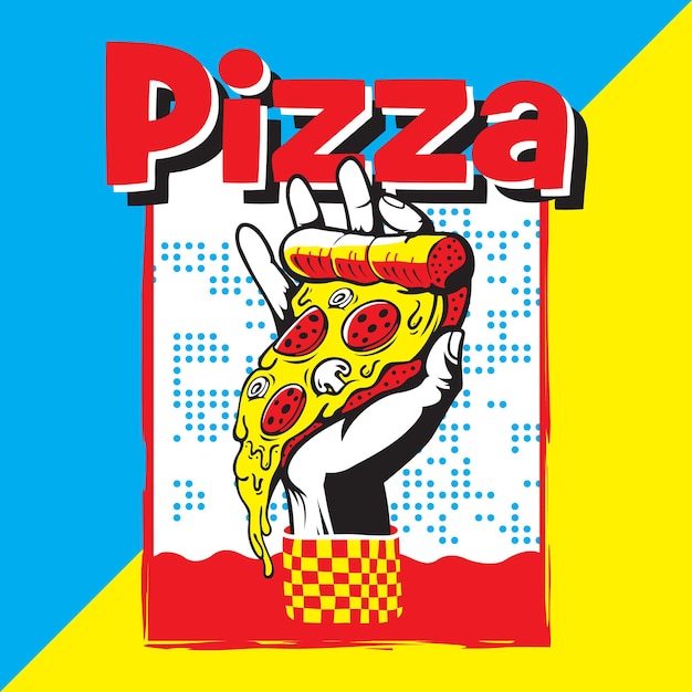 Pizzaposter mit hand, die ein stück pizzadesign hält